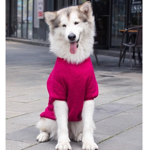 Detail of rose red knitted dog sweater featuring classic crewneck on a large breed dog