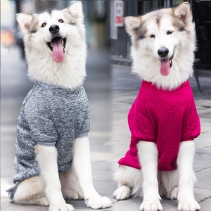 Detailed comparison of grey and rose red knitted sweaters for large dogs in outdoor setting