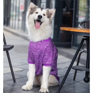 Detail of purple knitted pet t-shirt with breathable texture for large dogs