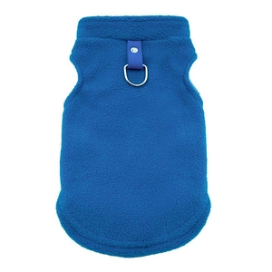 Detail of blue fleece pet vest featuring a durable metal D-ring for leash attachment