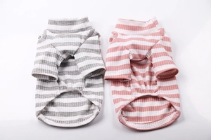 Détail de chemises pour chiens à rayures roses et grises en coton tricoté extensible
