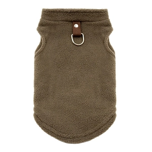 Detail of warm fleece dog vest with brown leather strap and metal D-ring for leash
