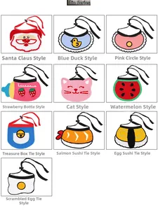 Detail view of adjustable knitted pet bibs featuring various cute food and animal designs