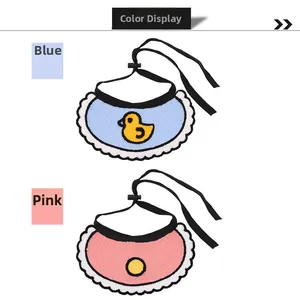 Detail showing blue and pink pet bibs with duck embroidery and lace trim for dogs and cats