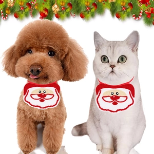 Detail of Christmas themed knitted pet bib with Santa Claus embroidery for small dogs and cats