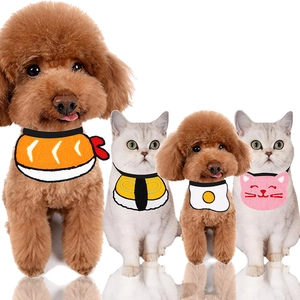 Detailed set of cute knitted pet bibs featuring sushi and cartoon designs for cats and dogs