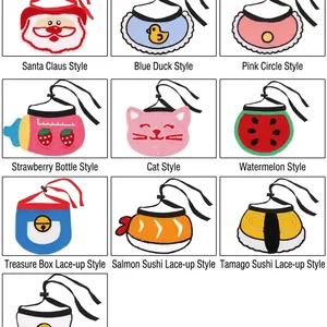 Various cute knitted pet bibs including fruit and animal themes for cats and dogs