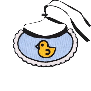 Light blue knitted pet bib with yellow duck embroidery and white lace trim for cats and dogs