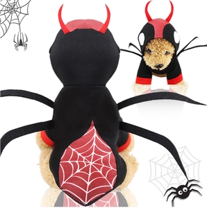 Detail of spider pet costume with red horn hood and fuzzy black legs for dogs and cats