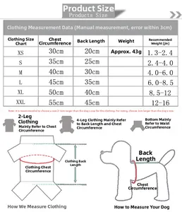 Size guide for four-legged pet hoodies showing measurements from XS to XXL in cm