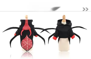 Detail view of pet spider costume featuring six 3D legs and printed red spider web pattern