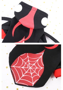 Detail of spider superhero pet costume featuring web pattern and hood with white eyes