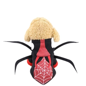 Pet spider costume for small dogs in red and black with eight legs and web pattern