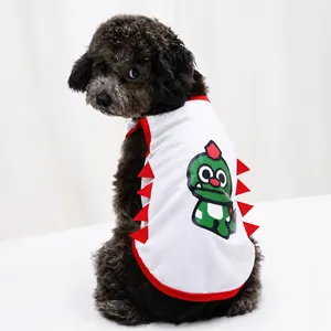 Detail of breathable dog mesh vest with cartoon dinosaur print and red 3D fin accents