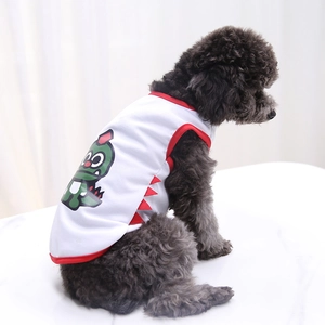 Breathable mesh pet vest with cartoon dinosaur pattern shown on a black poodle
