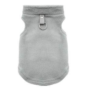 Detail of grey fleece pet vest featuring a durable metal D-ring for leash attachment