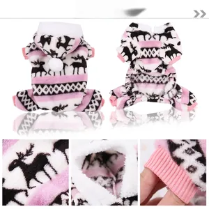 Detail of pink coral fleece dog pajama with reindeer print and faux shearling lining