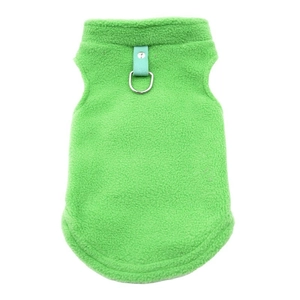 Detail of neon green fleece pet vest featuring a durable metal D-ring for leash attachment