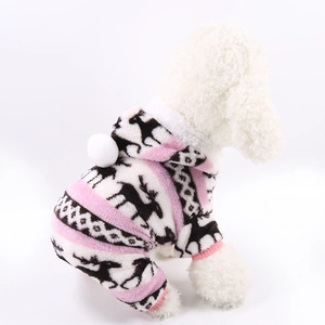 Detail of coral fleece pet jumpsuit featuring reindeer pattern and soft pom-pom hood