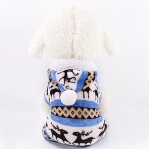 Detail of blue coral fleece dog hoodie featuring reindeer patterns and pom-pom hood