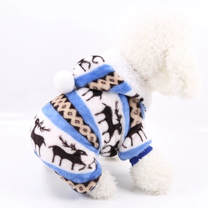 Close-up of reindeer pattern on striped coral fleece Christmas pet hoodie for small dogs