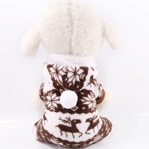 Detail of soft white flannel pet onesie with brown reindeer and snowflake winter pattern