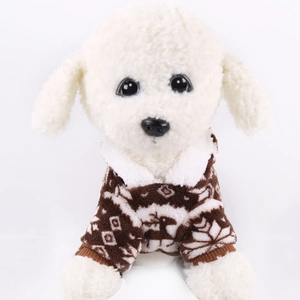 Detail of Christmas pet sweater with elk and snowflake patterns and faux fur collar