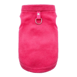 Detailed view of rose red fleece pet vest with reinforced webbing and metal D-ring