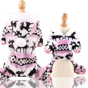 Pink coral fleece pet onesie with elk pattern and white faux fur hood for dogs and cats