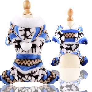 Winter pet warm jumpsuit with reindeer pattern and plush pompom hood in coral fleece