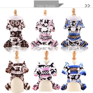 Winter coral fleece dog pajamas with reindeer patterns in brown, pink, and blue colors