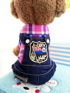 Detail of pink plaid shirt and denim overalls with shield embroidery for small pets