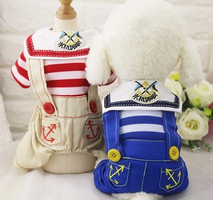 Detail of nautical pet overalls with anchor embroidery and striped sailor patterns