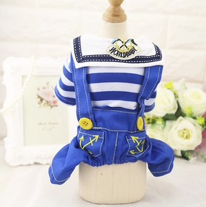 Detail of nautical pet outfit with striped shirt, anchor embroidery and yellow buttons
