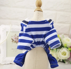 Detail of nautical blue and white striped pet outfit with navy collar on a miniature mannequin