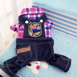 Pet Dog Plaid Shirt Denim Jumpsuit Four Legged Cotton Overalls British Style Clothes Puppy Small Medium Cats