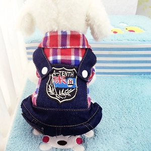 British style plaid dog shirt and denim overalls pet outfit with embroidery detail