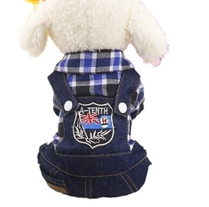 British style plaid shirt and denim overalls pet outfit for small dogs and cats