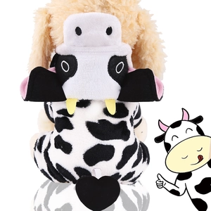 Detail of plush black and white cow pet costume with heart-shaped tail and soft hood