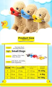 Size chart for silicone duck-billed dog muzzle showing S, M, L dimensions and measurements