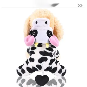 Detail display of cow print pet costume with soft coral fleece and cute ears