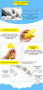 Detail view of adjustable buckle and flexible yellow silicone duckbill dog muzzle