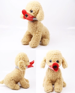 Three angles of a red silicone duckbill muzzle for dogs with adjustable grey nylon straps