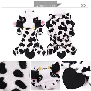 Cow patterned coral fleece dog onesie with a 3D cartoon hood and heart tail detail