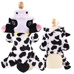 Plush cow-themed dog jumpsuit with cute hood and heart tail detail for winter warmth