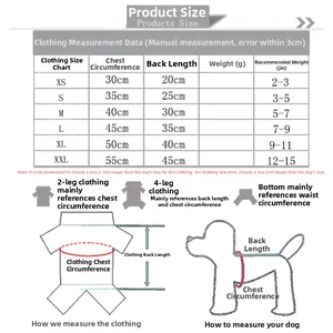 Tableau des tailles pour vêtements d'animaux avec mesures de poitrine et de dos