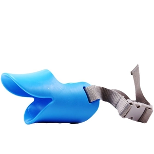 Blue duck-shaped silicone muzzle for dogs with adjustable strap for anti-biting
