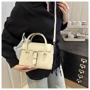 Close-up of beige crossbody bag with top handle and vintage buckle shown in interior