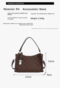 Detailed size chart showing dimensions 21x14x9cm for brown checkered crossbody bag