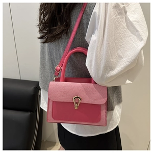 Detail of fuchsia handbag showing pink-white striped woven flap and gold horseshoe buckle